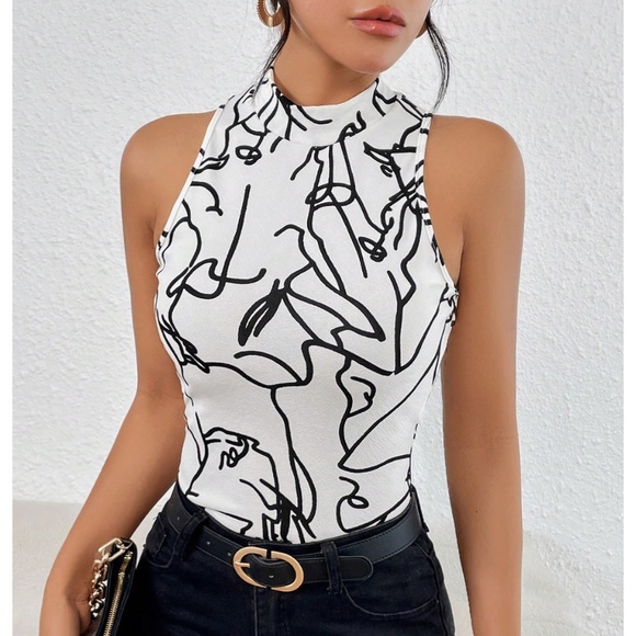 Abstract Face Print White Sleeveless Top Slim Fit High Neck - Picture 1 of 8